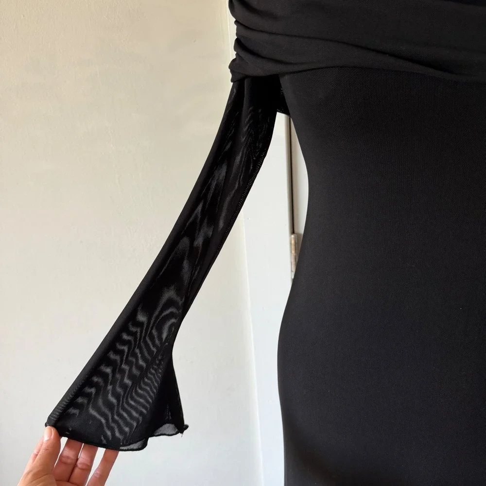 MESHKI Josie Off Shoulder Mesh Maxi Dress Black Women's Long Sleeve Size M - Picture 7 of 16